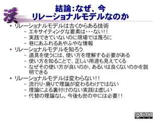 結論：なぜ、今
リレーショナルモデルなのか
● リレーショナルモデルは古くからある技術
– エキサイティングな要素は・・・ない！！
– 実践できていないのに現場では蔑ろに
– 巷にあふれるあやふやな情報
●
リレーショナルモデルを知ろう
– 道具を使うには、使い方を理解する必要がある
– 使い方を知ることで、正しい用途も見えてくる
– なぜその使い方が良いのか、あるいは良くないのかを説
明できる
● リレーショナルモデルは変わらない！！
– 流行り・廃りで理論が変わるわけではない
– 理論による裏付けのない実践は虚しい
– 代替の理論なし。今後も世の中には必要！！
 