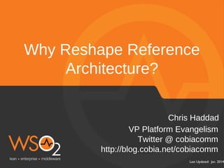 Why Reshape Reference
Architecture?
Chris Haddad
VP Platform Evangelism
Twitter @ cobiacomm
http://blog.cobia.net/cobiacomm
Last Updated: Jan. 2014

 