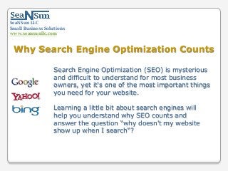 SeaNSun LLC
Small Business Solutions
www.seansunllc.com
Search Engine Optimization (SEO) is mysterious
and difficult to understand for most business
owners, yet it's one of the most important things
you need for your website.
Learning a little bit about search engines will
help you understand why SEO counts and
answer the question “why doesn't my website
show up when I search”?
Why Search Engine Optimization Counts
 