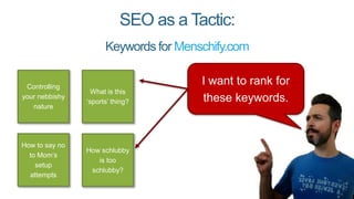 I want to rank for
these keywords.
SEO as a Tactic:
Controlling
your nebbishy
nature
How to say no
to Mom’s
setup
attempts
What is this
‘sports’ thing?
How schlubby
is too
schlubby?
Keywords for Menschify.com
 
