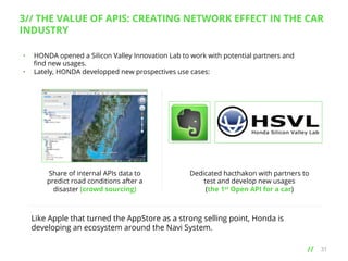 3// THE VALUE OF APIS: CREATING NETWORK EFFECT IN THE CAR
INDUSTRY
• 
• 

HONDA opened a Silicon Valley Innovation Lab to work with potential partners and
ﬁnd new usages.
Lately, HONDA developped new prospectives use cases:

Share of internal APIs data to
predict road conditions after a
disaster (crowd sourcing)

Dedicated hacthakon with partners to
test and develop new usages
(the 1st Open API for a car)

Like Apple that turned the AppStore as a strong selling point, Honda is
developing an ecosystem around the Navi System.
// 	
  

31

 