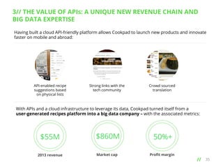 3// THE VALUE OF APIs: A UNIQUE NEW REVENUE CHAIN AND
BIG DATA EXPERTISE
Having built a cloud API-friendly platform allows Cookpad to launch new products and innovate
faster on mobile and abroad: 	
  

API-enabled recipe
suggestions based
on physical lists

Strong links with the
tech community

Crowd sourced
translation

With APIs and a cloud infrastructure to leverage its data, Cookpad turned itself from a
user-generated recipes platform into a big data company – with the associated metrics: 	
  

$55M

$860M

50%+

2013 revenue

Market cap

Proﬁt margin

// 	
  

35

 