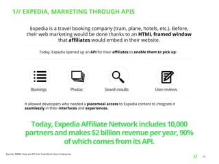 1// EXPEDIA, MARKETING THROUGH APIS
Expedia is a travel booking company (train, plane, hotels, etc.). Before,
their web marketing would be done thanks to an HTML framed window
that aﬃliates would embed in their website.
Today, Expedia opened up an API for their aﬃliates to enable them to pick up:

Bookings

Photos

Search results

User reviews

It allowed developers who needed a piecemeal access to Expedia content to integrate it
seamlessly in their interfaces and experiences.

Today, Expedia Aﬃliate Network includes 10,000
partners and makes $2 billion revenue per year, 90%
of which comes from its API.
Source: RWW, How an API Can Transform Your Enterprise

// 	
  

46

 