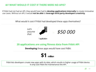 4// WHAT WOULD IT COST IF THERE WERE NO APIS?
If Fitbit had not had an API, they would have had to develop applications internally to create innovative
use cases. Without an API, it would not be able to leverage third party developers creativity.

What would it cost if Fitbit had developed these apps themselves?

Let’s
assume
that:

= $50 000
1 application

20 applications are using ﬁtness data from Fitbit API
Developing these apps would have cost FitBit:

$1

million

Fitbit lets developers create new apps with its data, which results in higher usage of Fitbit device.
It only cost Fitbit the maintenance the API.

// 	
  

57

 