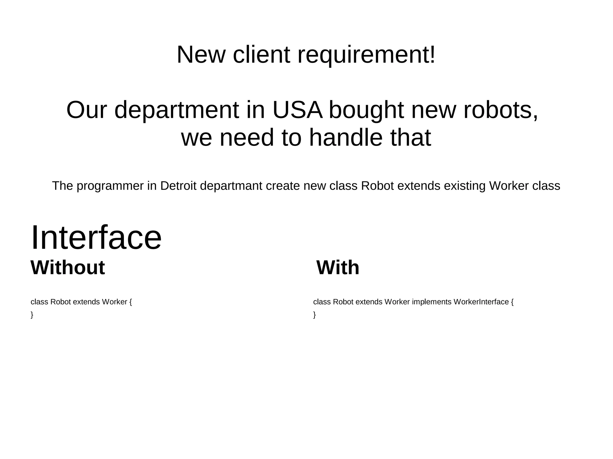 New client requirement!
Our department in USA bought
new 24h workers - robots,
we need to handle that
The new functionality should be implemented by a programmer in Detroit
 
