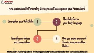 How systematically Personality Development Classes groom your Personality?
1 2
3 4
Strengthen your Soft Skills
Identify your Voices
and Correct them
They help Groom
your Body Language
Give you ample amount of
Time to incorporate New
Habits
We have 20+ years of expertise in developing personality and leadership skills, visit - www.sanjeevdatta.com
 