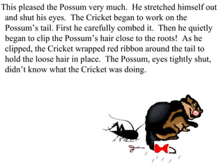 This pleased the Possum very much.  He stretched himself out and shut his eyes.  The Cricket began to work on the Possum’s tail. First he carefully combed it.  Then he quietly began to clip the Possum’s hair close to the roots!  As he clipped, the Cricket wrapped red ribbon around the tail to hold the loose hair in place.  The Possum, eyes tightly shut, didn’t know what the Cricket was doing. 
