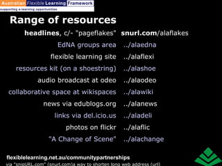 Range of resources via "snipURL.com" (snurl.com)a way to shorten long web address (url) headlines , c/- "pageflakes" EdNA groups area flexible learning site resources kit (on a shoestring) audio broadcast at odeo collaborative space at wikispaces news via edublogs.org links via del.icio.us photos on flickr "A Change of Scene" snurl.com /alaflakes ../alaedna ../alaflexi ../alashoe ../alaodeo ../alawiki ../alanews ../aladeli ../alaflic ../alachange