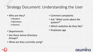 Strategy Document: Understanding the User
• Who are they?
Readers
Members
Owners
• Departments
• Are there Active Directory
Groups?
• What are they currently using?
• Common complaints
• Ask “What sucks about the
system?”
• Which websites do they like?
• Employee age
 