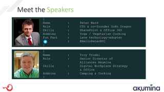Meet the Speakers
{
Name : Peter Ward
Role : CTO & co-founder SoHo Dragon
Skills : SharePoint & Office 365
Hobbies : Yoga / Vegetarian Cooking
Fun Fact : Late technology-adopter
: @HelloPeterNYC
}
{
Name : Troy Trudel
Role : Senior Director of
Alliances Akumina
Skills : Digital Workplace Strategy
& Office
Hobbies : Camping & Cooking
}
 