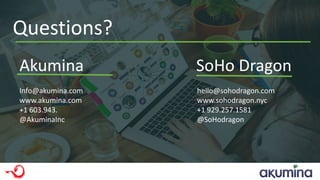 Questions?
Akumina SoHo Dragon
Info@akumina.com
www.akumina.com
+1 603.943.
@AkuminaInc
hello@sohodragon.com
www.sohodragon.nyc
+1 929.257.1581
@SoHodragon
 