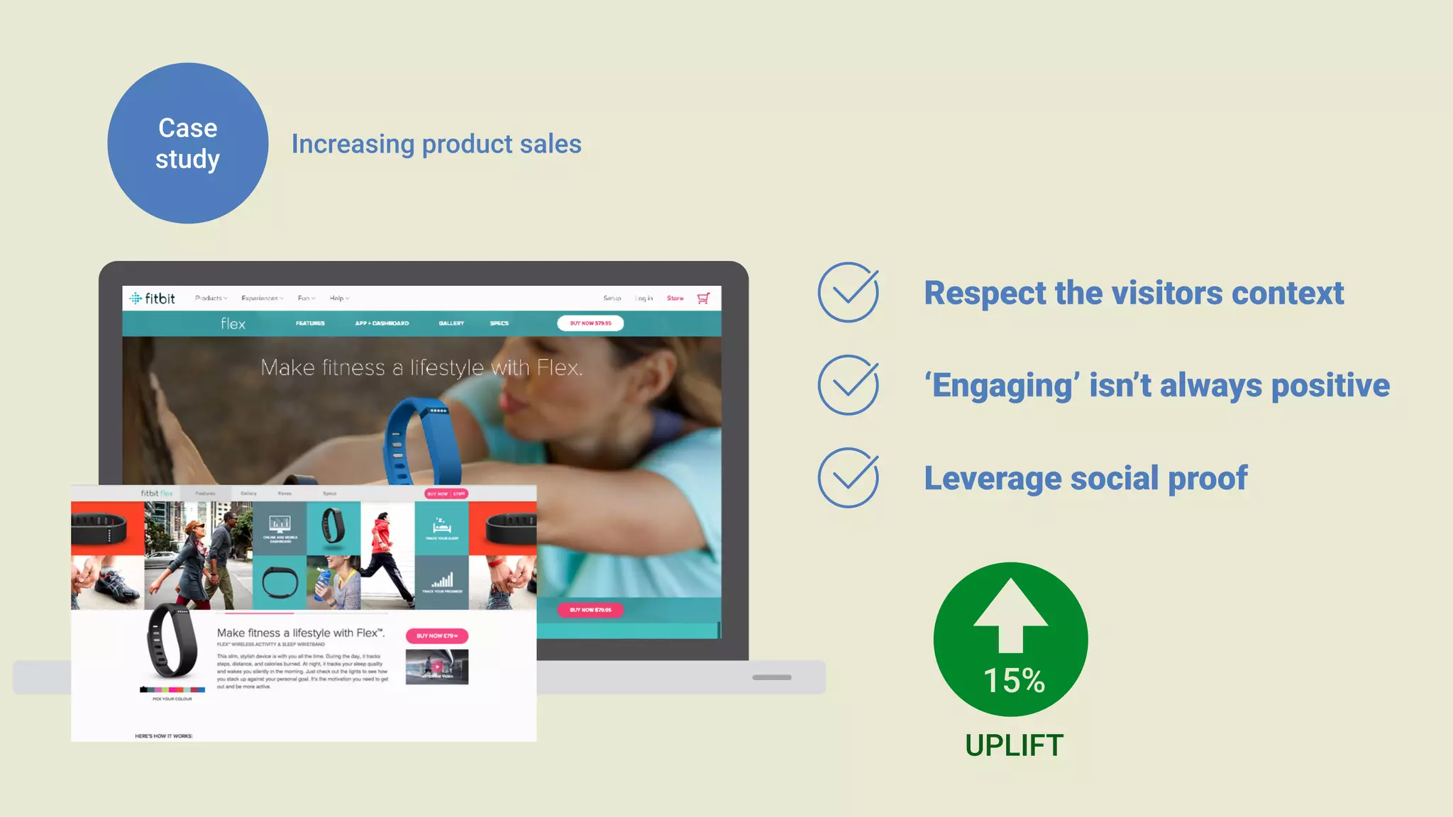Case
study
Increasing product sales
Respect the visitors context
‘Engaging’ isn’t always positive
Leverage social proof
UPLIFT
15%
 