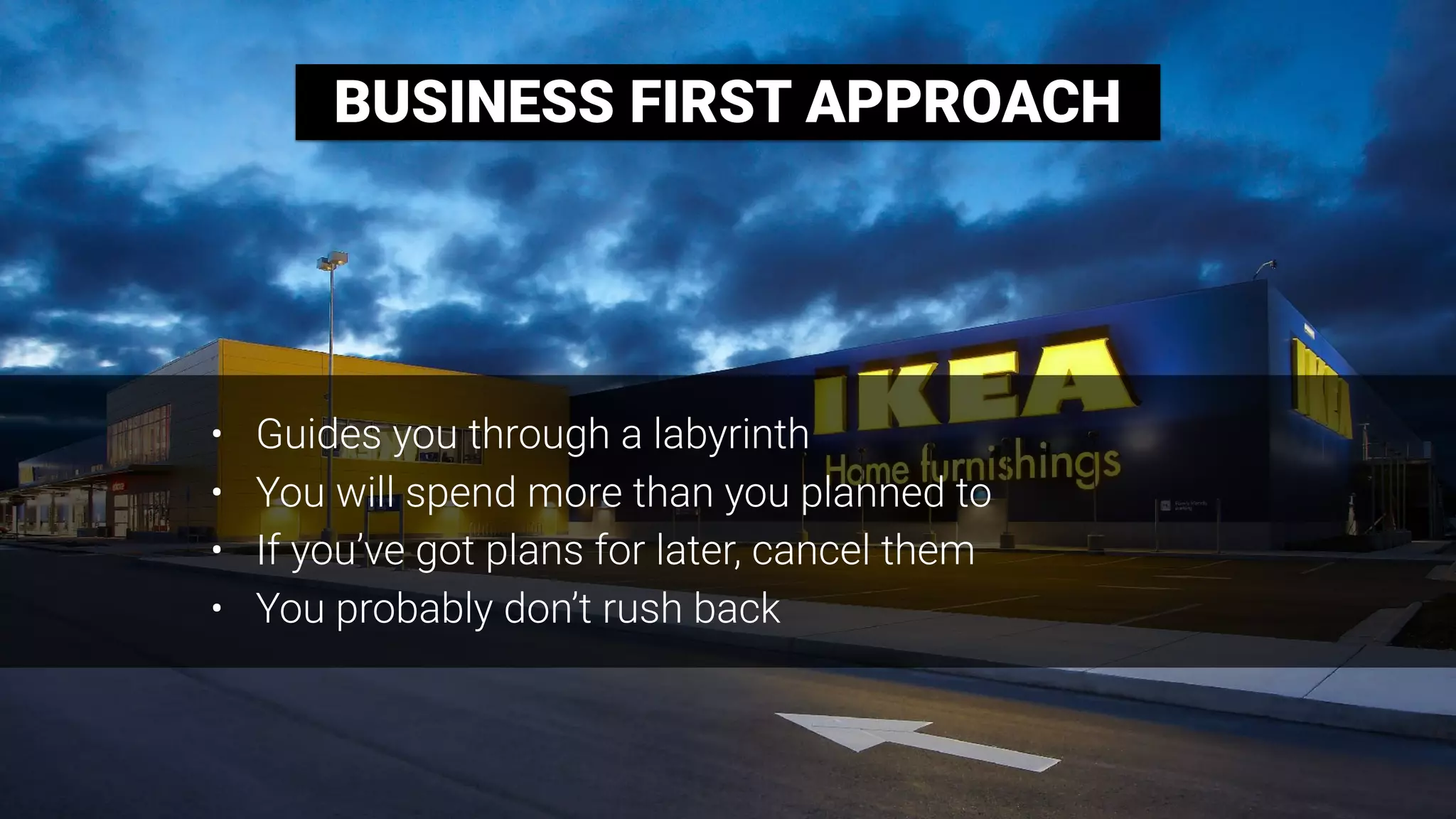BUSINESS FIRST APPROACH
• Guides you through a labyrinth
• You will spend more than you planned to
• If you’ve got plans for later, cancel them
• You probably don’t rush back
 