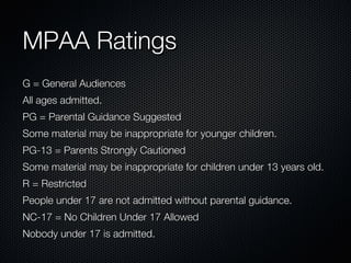 MPAA Ratings G = General Audiences All ages admitted. PG = Parental Guidance Suggested Some material may be inappropriate for younger children. PG-13 = Parents Strongly Cautioned Some material may be inappropriate for children under 13 years old. R = Restricted People under 17 are not admitted without parental guidance. NC-17 = No Children Under 17 Allowed Nobody under 17 is admitted. 