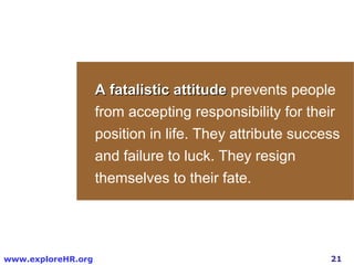 A fatalistic attitude  prevents people from accepting responsibility for their position in life. They attribute success and failure to luck. They resign themselves to their fate.  