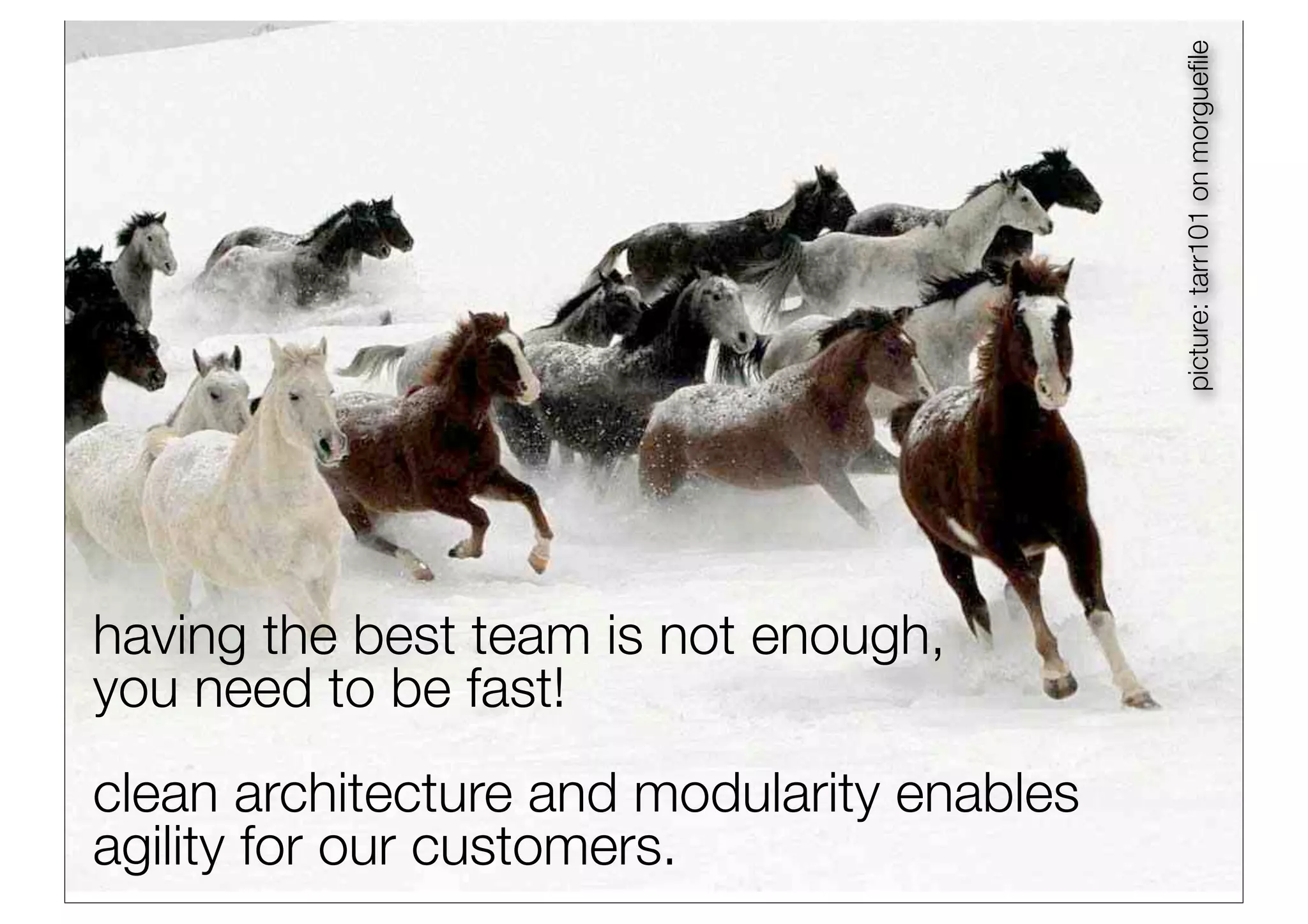 picture: tarr101 on morgueﬁle
having the best team is not enough,
you need to be fast!
clean architecture and modularity enables
agility for our customers.
 