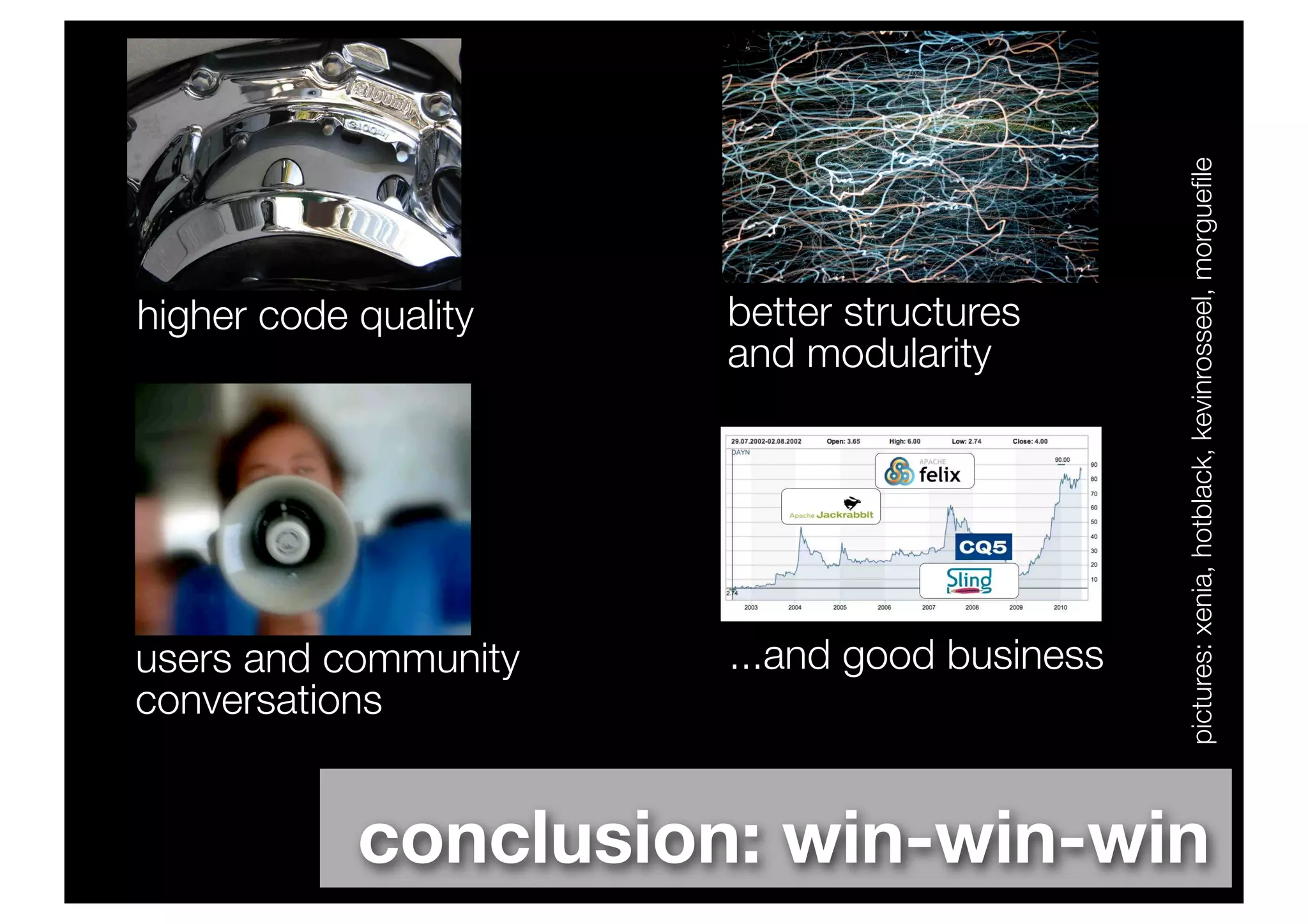 pictures: xenia, hotblack, kevinrosseel, morgueﬁle
higher code quality   better structures
                      and modularity




users and community   ...and good business
conversations


            conclusion: win-win-win
 