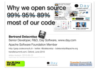 Why we open source
99% 95% 89%
most of our code

 Bertrand Delacrétaz
 Senior Developer, R&D, Day Software, www.day.com
 Apache Software Foundation Member
 http://grep.codeconsult.ch - twitter: @bdelacretaz - bdelacretaz@apache.org
 transfersummit.com, Oxford, June 2010
 slides revision: 2010-06-23
 original image: http://www.ﬂickr.com/photos/vermininc/2777441779/



Why We Open                                                                                1
our Code                                                             Bertrand Delacrétaz
 