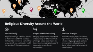Religious Diversity Around the World
Global Diversity
Religious diversity is a defining feature
of the modern world. With countless
faiths and denominations, each with its
unique beliefs and practices, the world
is a tapestry of religious expressions.
Respect and Understanding
Studying religion fosters respect and
understanding for different faiths. It
challenges prejudices and promotes
tolerance, encouraging dialogue and
cooperation among diverse
communities.
Interfaith Dialogue
Interfaith dialogue plays a crucial role
in promoting peace and understanding
between religious groups. It facilitates
communication, collaboration, and
shared values, fostering harmony and
mutual respect.
 