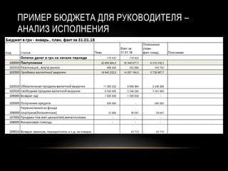 ПРИМЕР БЮДЖЕТА ДЛЯ РУКОВОДИТЕЛЯ –
АНАЛИЗ ИСПОЛНЕНИЯ
 