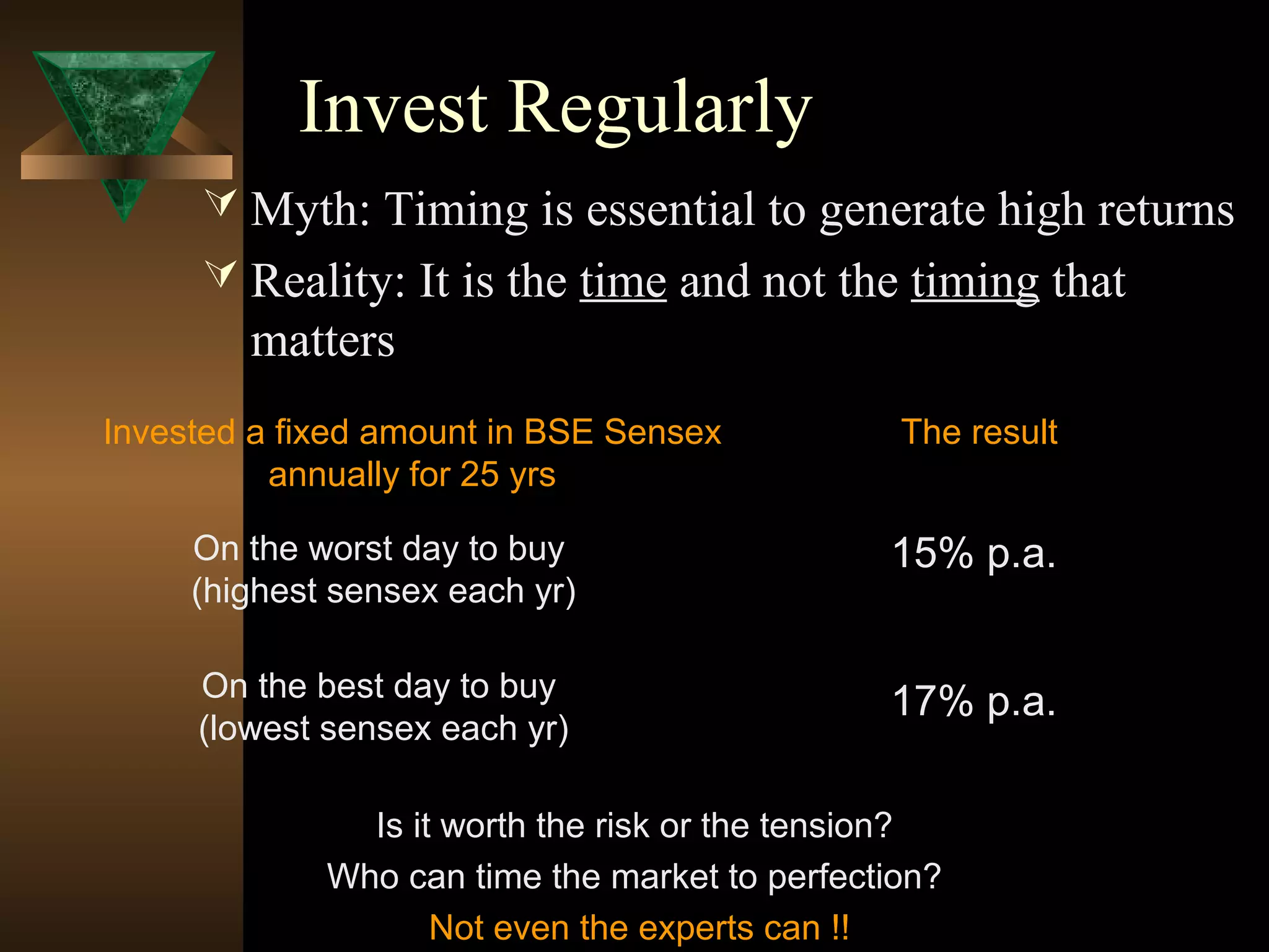 Invest Regularly
 Myth: Timing is essential to generate high returns
 Reality: It is the time and not the timing that
matters
Is it worth the risk or the tension?
Who can time the market to perfection?
Not even the experts can !!
On the worst day to buy
(highest sensex each yr)
The resultInvested a fixed amount in BSE Sensex
annually for 25 yrs
On the best day to buy
(lowest sensex each yr)
15% p.a.
17% p.a.
 