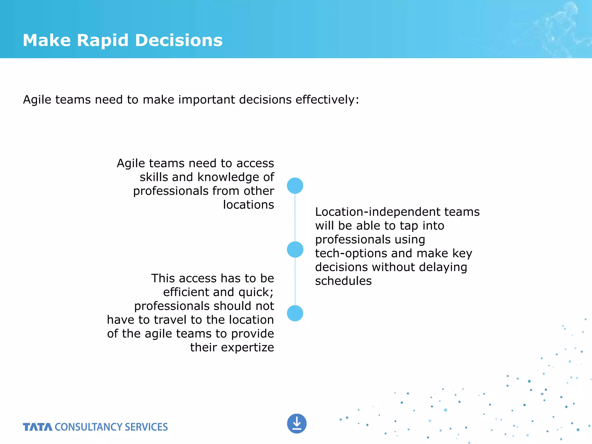 Make Rapid Decisions
Agile teams need to make important decisions effectively:
Agile teams need to access
skills and knowledge of
professionals from other
locations
This access has to be
efficient and quick;
professionals should not
have to travel to the location
of the agile teams to provide
their expertize
Location-independent teams
will be able to tap into
professionals using
tech-options and make key
decisions without delaying
schedules
 
