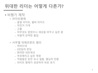 위대한 리더는 어떻게 다른가?
§ 비행기 제작
• 라이트형제
⎼ 올빌 라이트, 윌버 라이드
⎼ 자전거 가게
⎼ 고졸
⎼ 아무것도 없었으나 세상을 바꾸고 싶은 꿈
⎼ 자발적 강력한 몰입
• 사무엘 피에르폰트 랭리
⎼ 하바드대
⎼ 5만달러 펀딩
⎼ 화려한 네트워크
⎼ 부유해지고 싶은 욕망
⎼ 직원들은 돈만 보고 일함. 열심히 안함
⎼ 라이트 형제가 성공하자 바로 포기
6
 