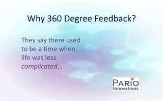 Why 360 Degree Feedback?
They say there used
to be a time when
life was less
complicated…

 