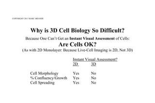 COPYRIGHT 2011 MARC BRANDE<br />Why is 3D Cell Biology So Difficult?<br />Because One Can’t Get an Instant Visual Assessment of Cells: <br />Are Cells OK?  <br />(As with 2D Monolayer: Because Live-Cell Imaging is 2D, Not 3D)<br />Instant Visual Assessment?<br />2D3D<br />Cell MorphologyYesNo<br />% Confluency/GrowthYesNo<br />Cell SpreadingYesNo<br />