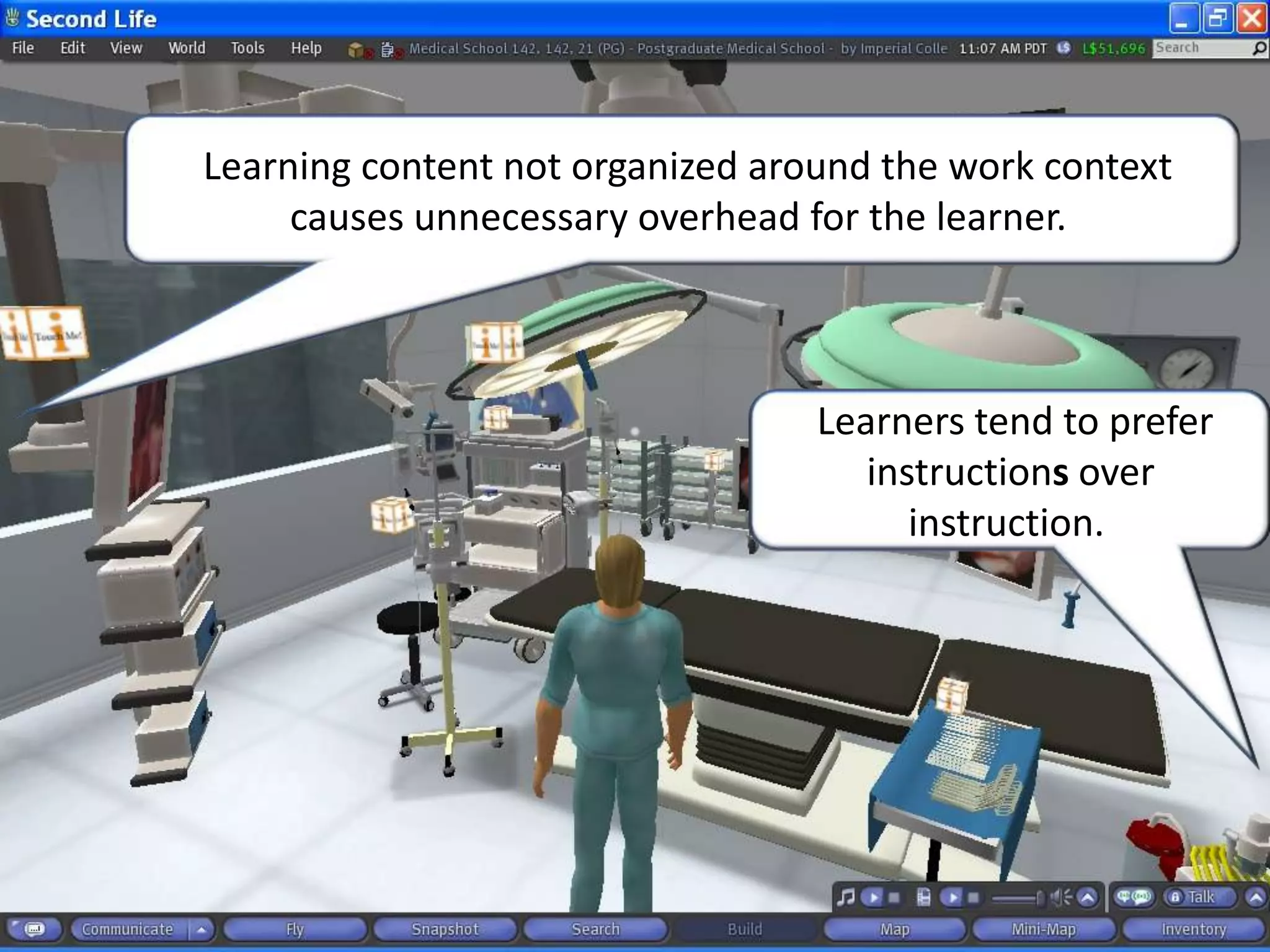  Learning content not organized around the work context causes unnecessary overhead for the learner.  Learners tend to prefer instructions over instruction. 
