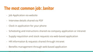 The most common job: Janitor
- Job Application via website
- Interview details shared via PDF
- Clock in application for your phone
- Scheduling and instructions shared via company application or intranet
- Supply requisition and stock requests via web-based application
- HR information & requests shared through intranet
- Benefits management through web-based application
 