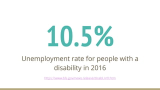 10.5%
Unemployment rate for people with a
disability in 2016
https://www.bls.gov/news.release/disabl.nr0.htm
 