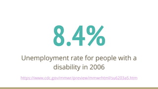 8.4%
Unemployment rate for people with a
disability in 2006
https://www.cdc.gov/mmwr/preview/mmwrhtml/su6203a5.htm
 