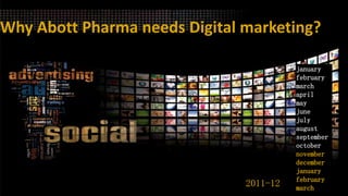 Why Abott Pharma needs Digital marketing?

                                         january
                                         february
                                         march
                                         april
           online plan                   may
                                         june
                                         july
                                         august
                                         september
                                         october
                                         november
                                         december
                                         january
                                         february
                               2011-12   march
 