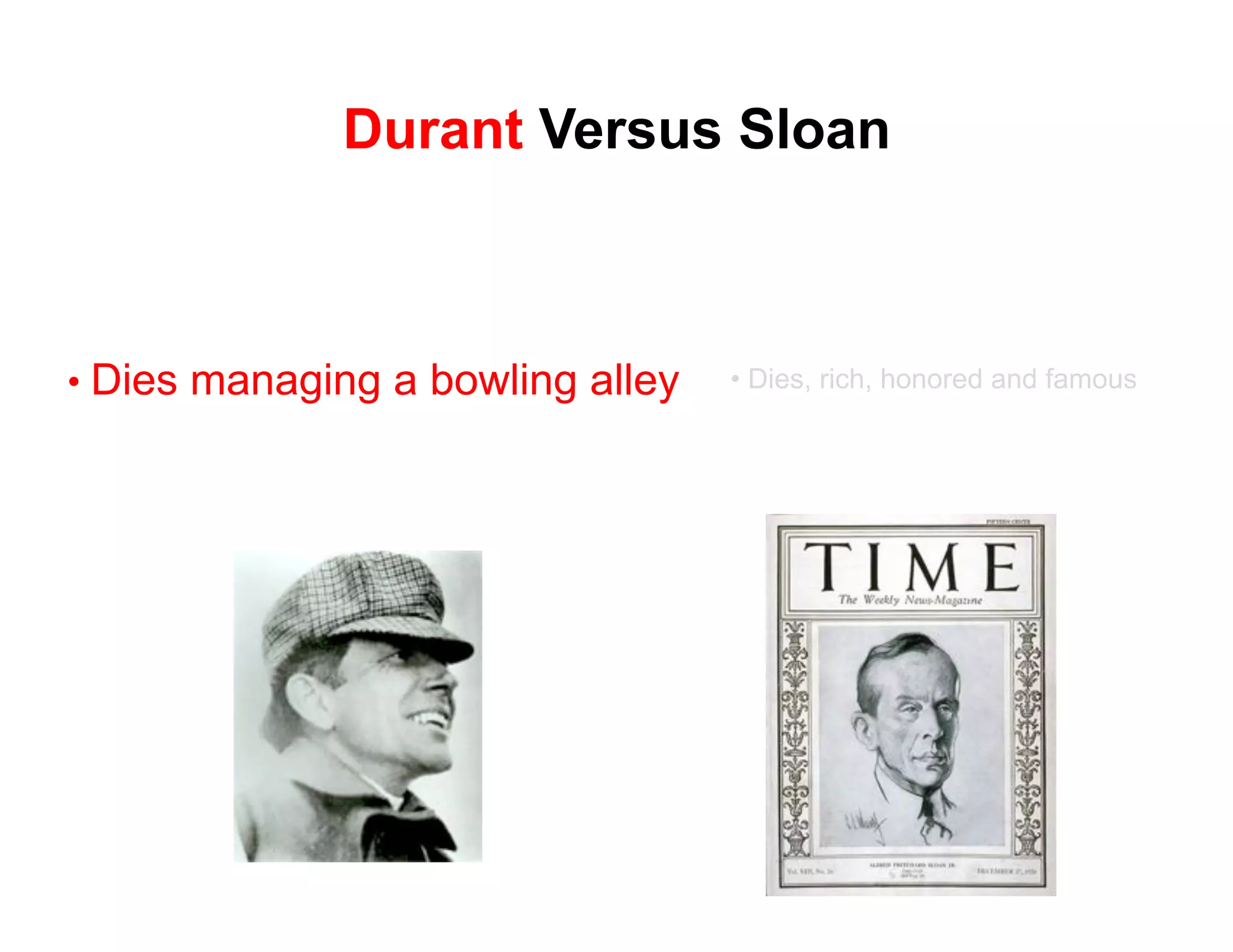 Durant Versus Sloan



•  Dies managing a bowling alley   •  Dies, rich, honored and famous
 