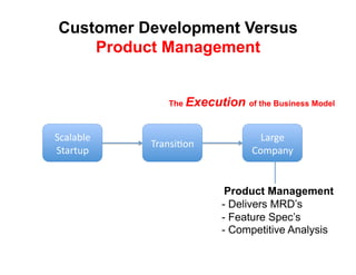 Customer Development Versus
    Product Management


               The Execution of the Business Model



!(#)#*)+'                         3#$4+'
            9$#8:;<68'
!"#$"%&'                        567&#82'


                           Product Management
                          -  Delivers MRD’s
                          -  Feature Spec’s
                          -  Competitive Analysis
 
