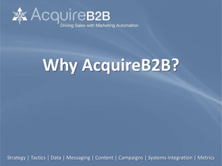 Why AcquireB2B?



Strategy | Tactics | Data | Messaging | Content | Campaigns | Systems Integration | Metrics
                               ©2010 M. H. McIntosh. All rights reserved. www.sales-lead-experts.com
 