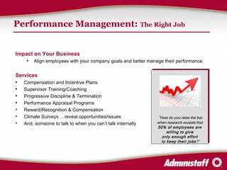 Performance Management:  The Right Job Impact on Your Business Align employees with your company goals and better manage their performance. Services Compensation and Incentive Plans  Supervisor Training/Coaching Progressive Discipline & Termination Performance Appraisal Programs  Reward/Recognition & Compensation Climate Surveys …reveal opportunities/issues And, someone to talk to when you can’t talk internally “ How do you raise the bar when research reveals that  50% of employees are  willing to give  only enough effort  to keep their jobs ?” 