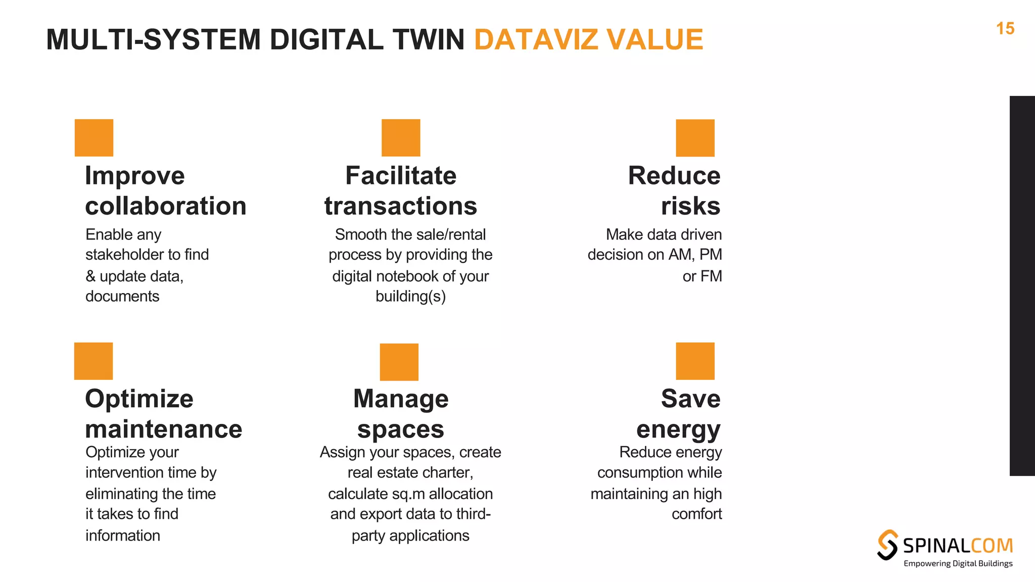 Improve
collaboration
Enable any
stakeholder to find
& update data,
documents
Facilitate
transactions
Smooth the sale/rental
process by providing the
digital notebook of your
building(s)
Reduce
risks
Make data driven
decision on AM, PM
or FM
Optimize
maintenance
Optimize your
intervention time by
eliminating the time
it takes to find
information
Manage
spaces
Assign your spaces, create
real estate charter,
calculate sq.m allocation
and export data to third-
party applications
Save
energy
Reduce energy
consumption while
maintaining an high
comfort
15
MULTI-SYSTEM DIGITAL TWIN DATAVIZ VALUE
 