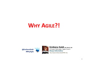 WHY AGILE?!


                 Emiliano Soldi PMP, PMI-ACP, CSM
@EmilianoSoldi   Sr Project Manager, Agile Coach
                 Diesys Informatica
   #WhyAgile
                 http://www.EmilianoSoldiPMP.info




                                                    1
 