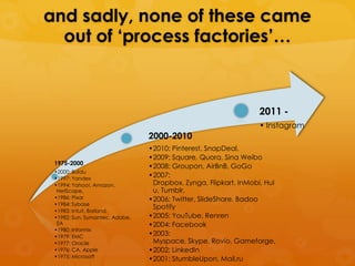 and sadly, none of these came
  out of ‘process factories’…



                                                                 2011 -
                                                                 • Instagram
                                2000-2010
                                •2010: Pinterest, SnapDeal,
                                •2009: Square, Quora, Sina Weibo
 1975-2000
                                •2008: Groupon, AirBnB, GoGo
 •2000: Baidu
 •1997: Yandex
                                •2007:
 •1994: Yahoo!, Amazon,          Dropbox, Zynga, Flipkart, InMobi, Hul
  NetScape,                      u, Tumblr,
 •1986: Pixar                   •2006: Twitter, SlideShare, Badoo
 •1984: Sybase
                                 Spotify
 •1983: Intuit, Borland,
 •1982: Sun, Symantec, Adobe,   •2005: YouTube, Renren
  EA                            •2004: Facebook
 •1980: Informix
 •1979: EMC                     •2003:
 •1977: Oracle                   Myspace, Skype, Rovio, Gameforge,
 •1976: CA, Apple               •2002: LinkedIn
 •1975: Microsoft
                                •2001: StumbleUpon, Mail.ru
 