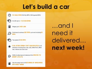 Let’s build a car


          …and I
          need it
          delivered…
          next week!
 