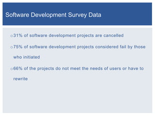 Software Development Survey Data

o 31% of software development projects are cancelled
o 75% of software development proje...