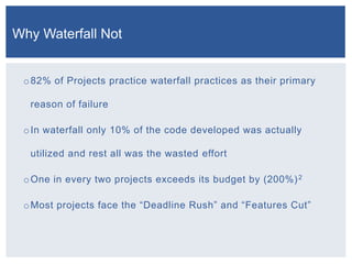 Why Waterfall Not

o 82% of Projects practice waterfall practices as their primary
reason of failure
o In waterfall only 1...
