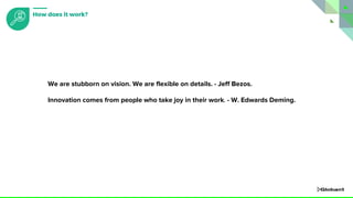 We are stubborn on vision. We are flexible on details. - Jeff Bezos.
Innovation comes from people who take joy in their work. - W. Edwards Deming.
How does it work?
 