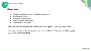 ● Agile Project Charter (the rules of engagement)
● The Mission (Vision)
● Business Stakeholders
● Project/Program Manager
● Development Manager
Most important for any project: who has skin in the game? That is your best friend.
The vision as well as the people, process and tools to meet that vision must be agreed
upon and widely socialized.
Governance
How does it work?
 