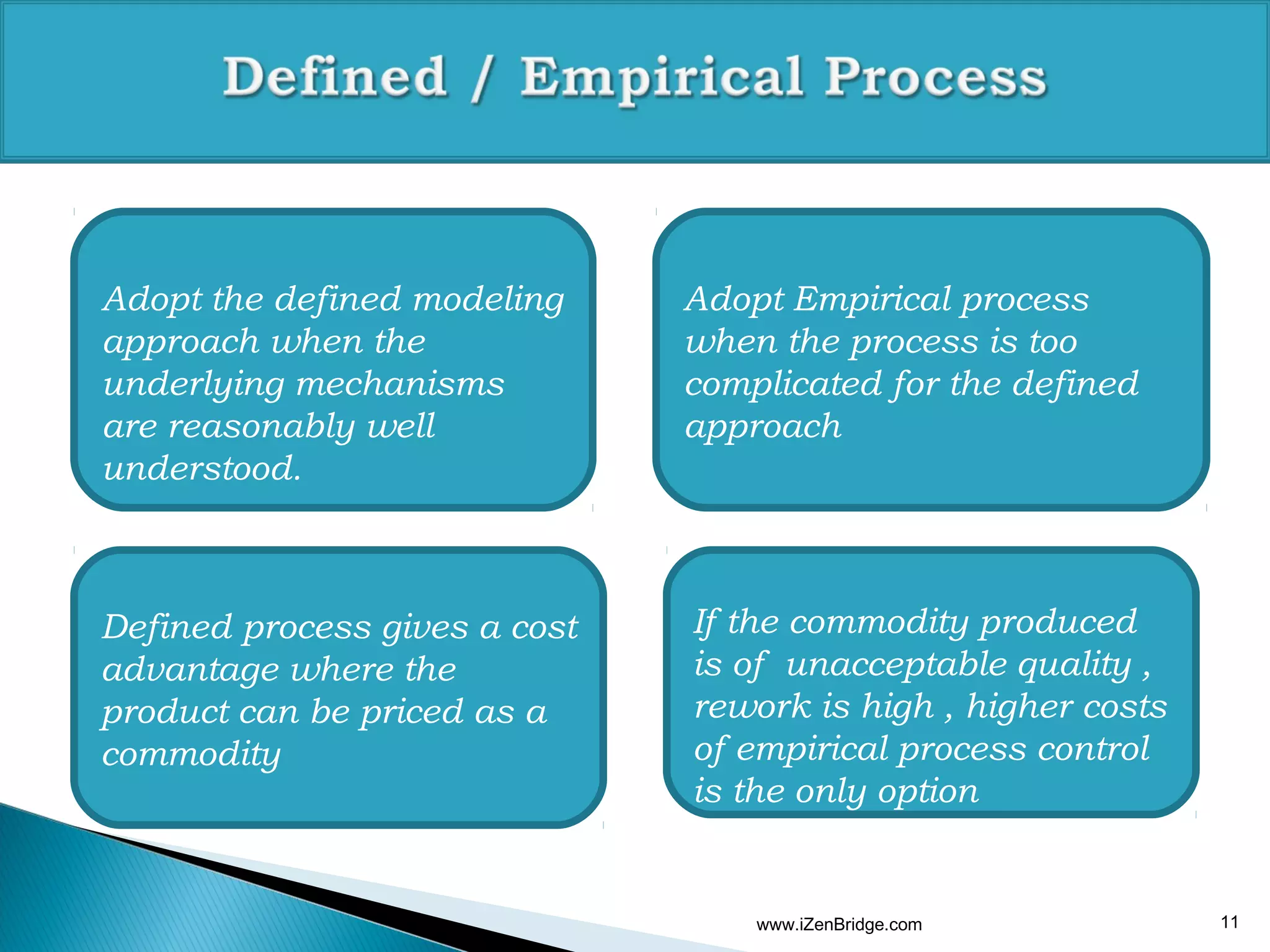 Adopt the defined modeling     Adopt Empirical process
approach when the              when the process is too
underlying mechanisms          complicated for the defined
are reasonably well            approach
understood.



Defined process gives a cost   If the commodity produced
advantage where the            is of unacceptable quality ,
product can be priced as a     rework is high , higher costs
commodity                      of empirical process control
                               is the only option


                                   www.iZenBridge.com          11
 