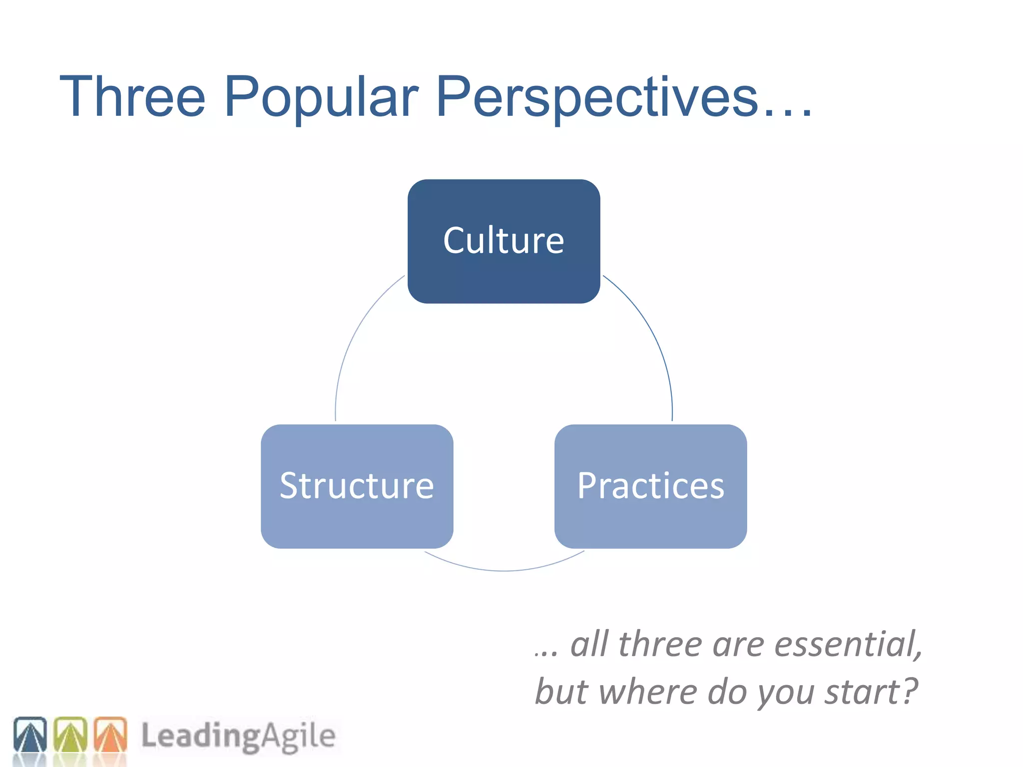 Culture
PracticesStructure
Three Popular Perspectives…
... all three are essential,
but where do you start?
 