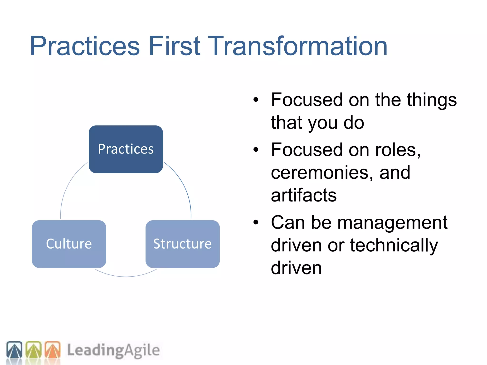Practices
StructureCulture
Practices First Transformation
• Focused on the things
that you do
• Focused on roles,
ceremonies, and
artifacts
• Can be management
driven or technically
driven
 