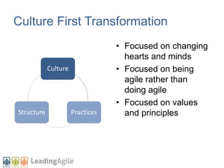 Culture
PracticesStructure
Culture First Transformation
• Focused on changing
hearts and minds
• Focused on being
agile ra...